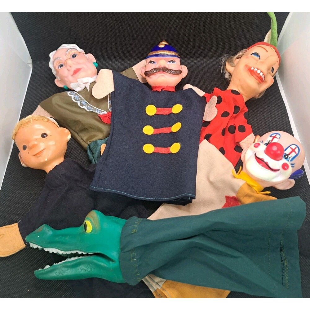 Mr Rogers Punch & Judy Style Hand Puppet Vtg Lot (6) Rubber Face Clown Crocidile